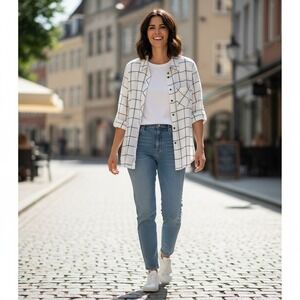 Gap White Black Windowpane Grid Button Down Shirt Long Sleeve Top M /#26850